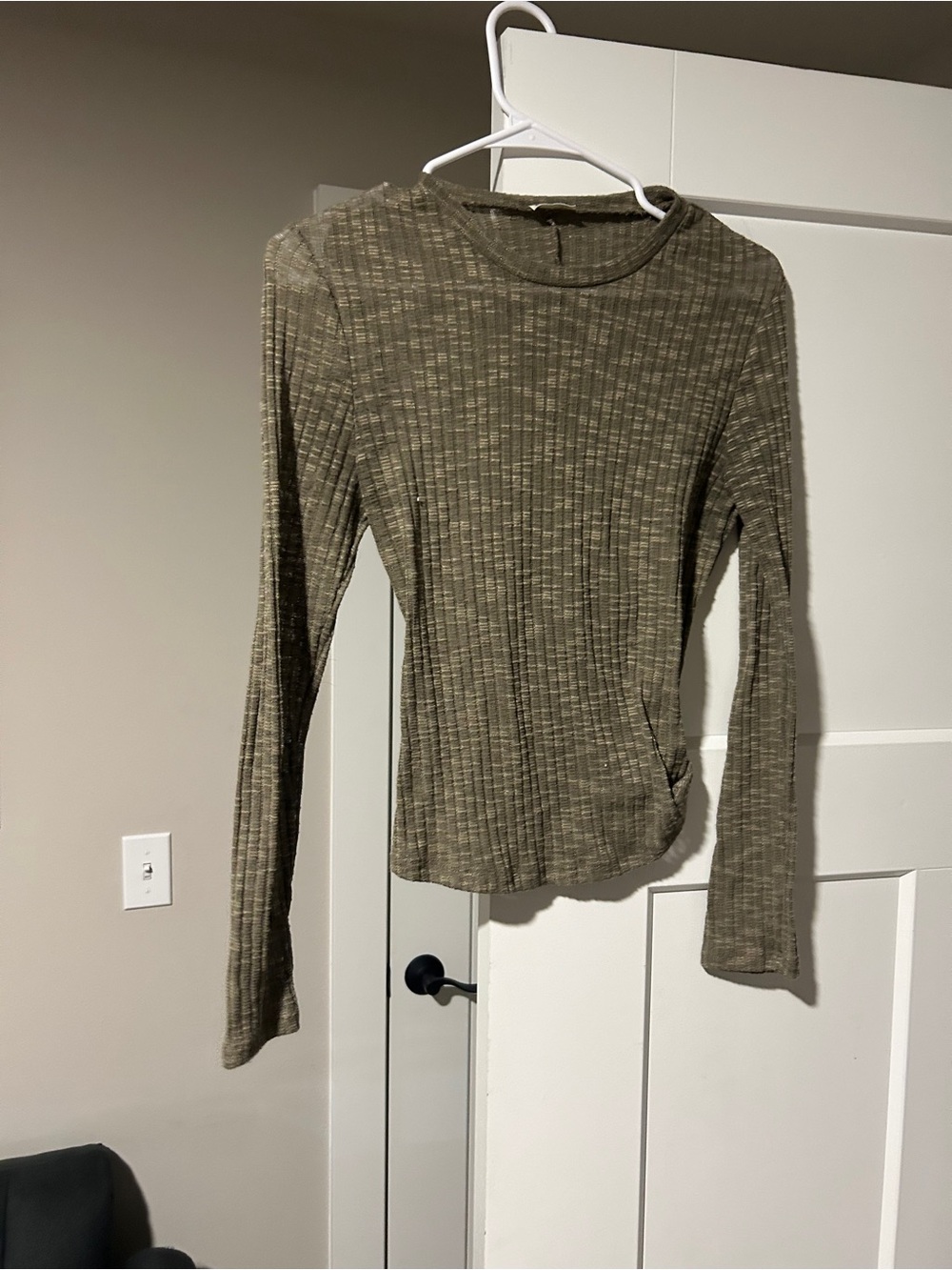 Free People Olive Green Ribbed Long Sleeve Crew
